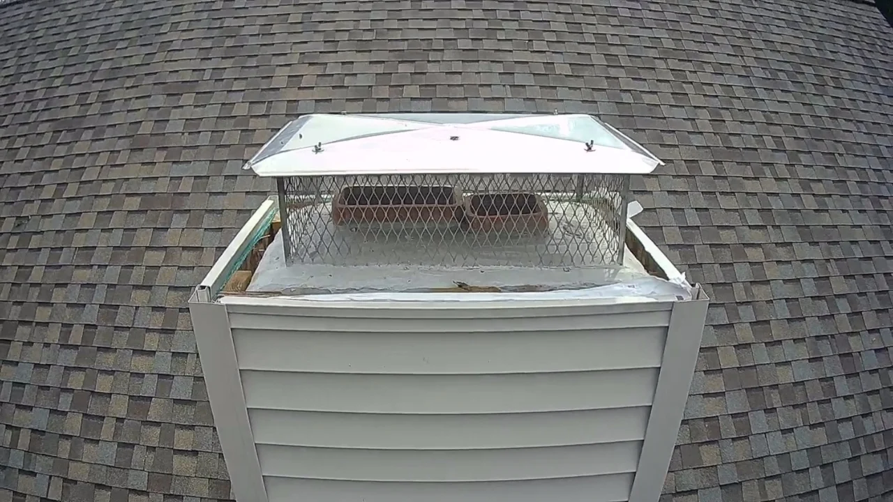 Metal chimney enclosure and protective cap on a shingle roof
